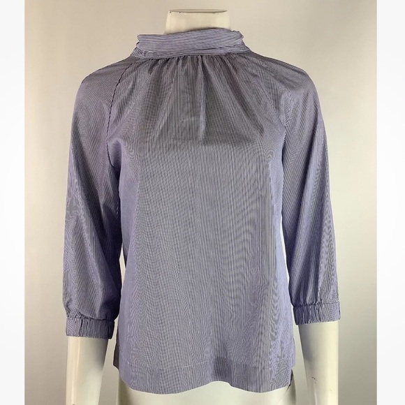 J Crew Thomas Mason Sz 2 Mock Neck Bow Back Top Blue 100% Cotton Striped - Picture 1 of 8